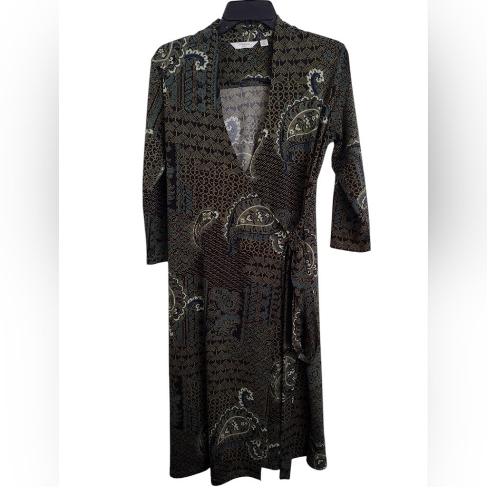 Liz Claiborne Elegant Green Multicolor Art Deco Geometric Paisley Wrap Dress XS